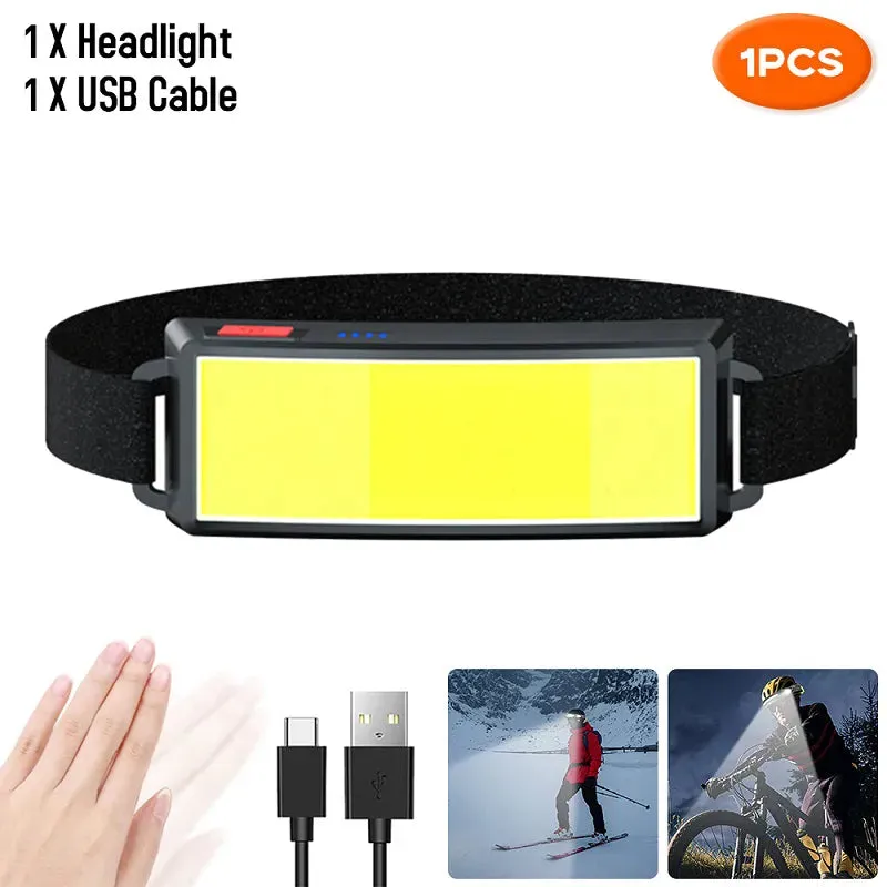 1-2PCS COB LED Headlight Flashlight 3 Mode USB Rechargeable HeadLamp Hiking Torch Built-in 1200Mah Battery Outdoor Camping Lamp