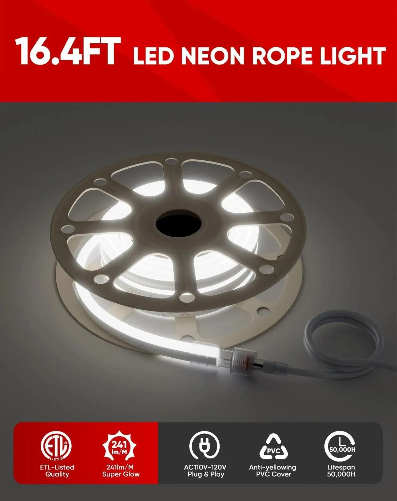 110V Super Bright Lum LED Neon Rope Light 6300K Cool White 226Lumens/M