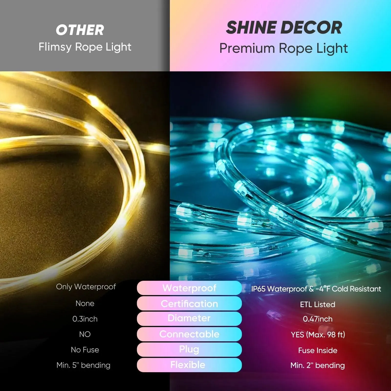 120V Twinkle RGB LED Rope Light Remote Control Dynamic Color Modes