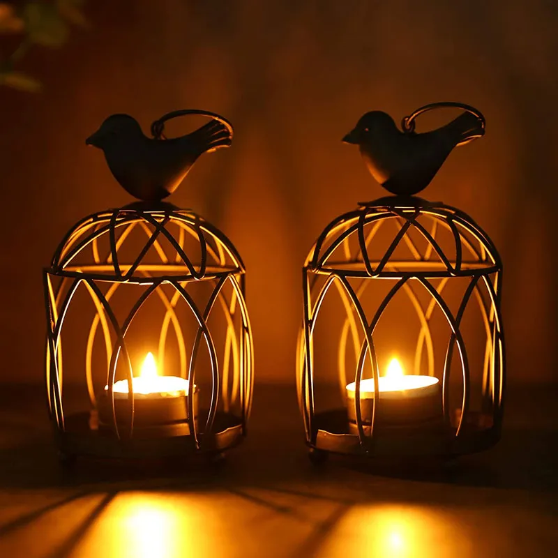 2 Pack Bird Hanging Birdcage Tealight Lantern