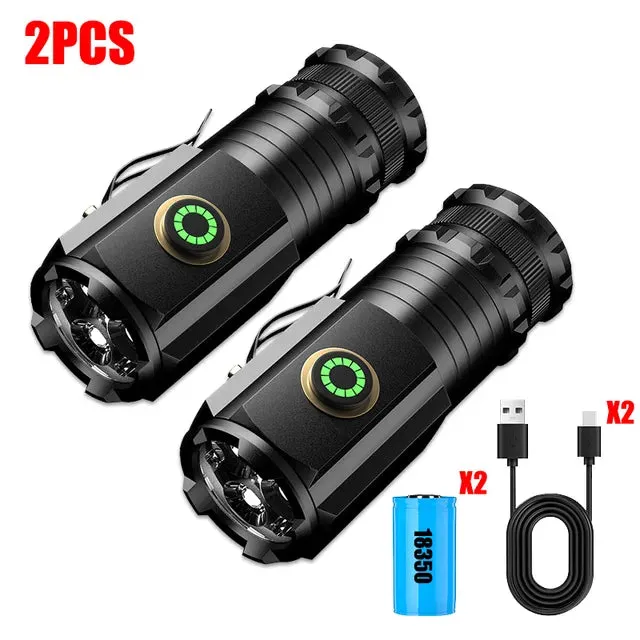 2000LM Powerful 3 LED Mini Flashlight Built-in Battery USB Rechargeable Waterproof Torch With Magnet Outdoor Camping Lantern