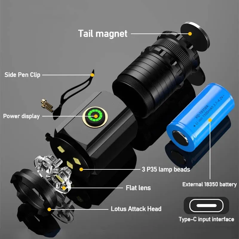 2000LM Powerful 3 LED Mini Flashlight Built-in Battery USB Rechargeable Waterproof Torch With Magnet Outdoor Camping Lantern