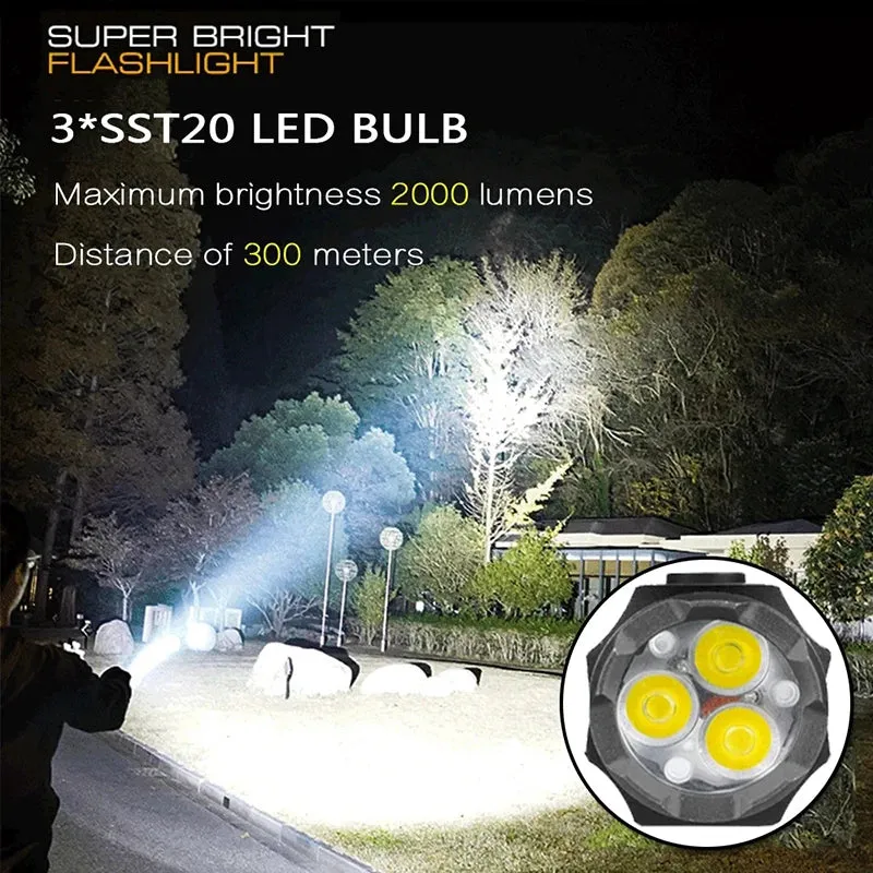 2000LM Powerful 3 LED Mini Flashlight Built-in Battery USB Rechargeable Waterproof Torch With Magnet Outdoor Camping Lantern