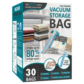 30 Pack Space Saver Bags (6 Jumbo/6 Large/6 Medium/6 Small/6 Roll) Compression Storage Bags for Comforters and Blankets, Vacuum Sealer Bags for Clothes Storage, Hand Pump Included