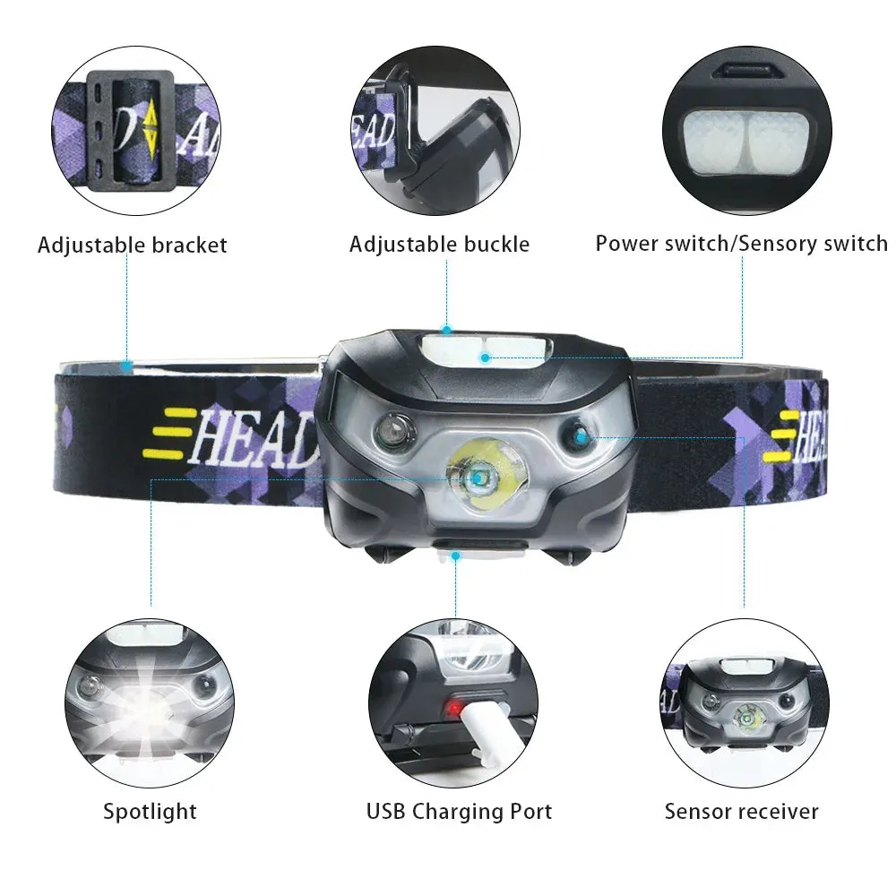 3000 Lumens Smart Sensor Head Torch Flashlight  LED Headlamp for Camping Hunting Hiking Running Walking Cycling Outdoors Light