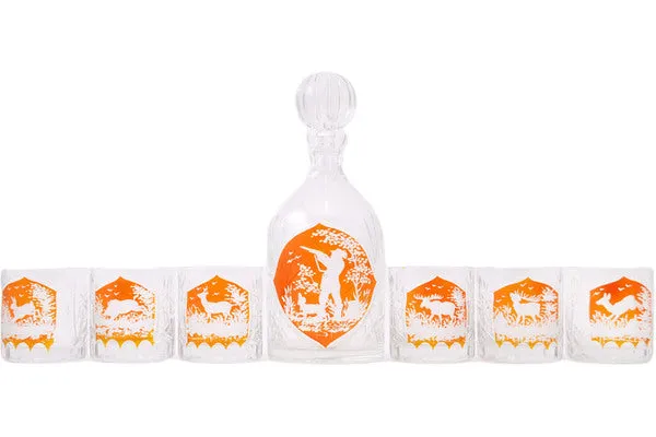 40 oz Crystal Glass Set of 6 Glasses and Bottle - Orange