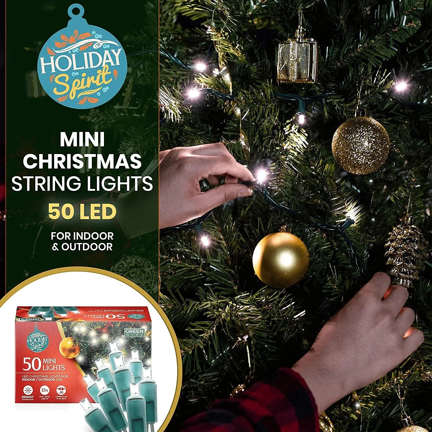 50 LED Mini Christmas String Lights 120V UL588 Listed (Bright White)