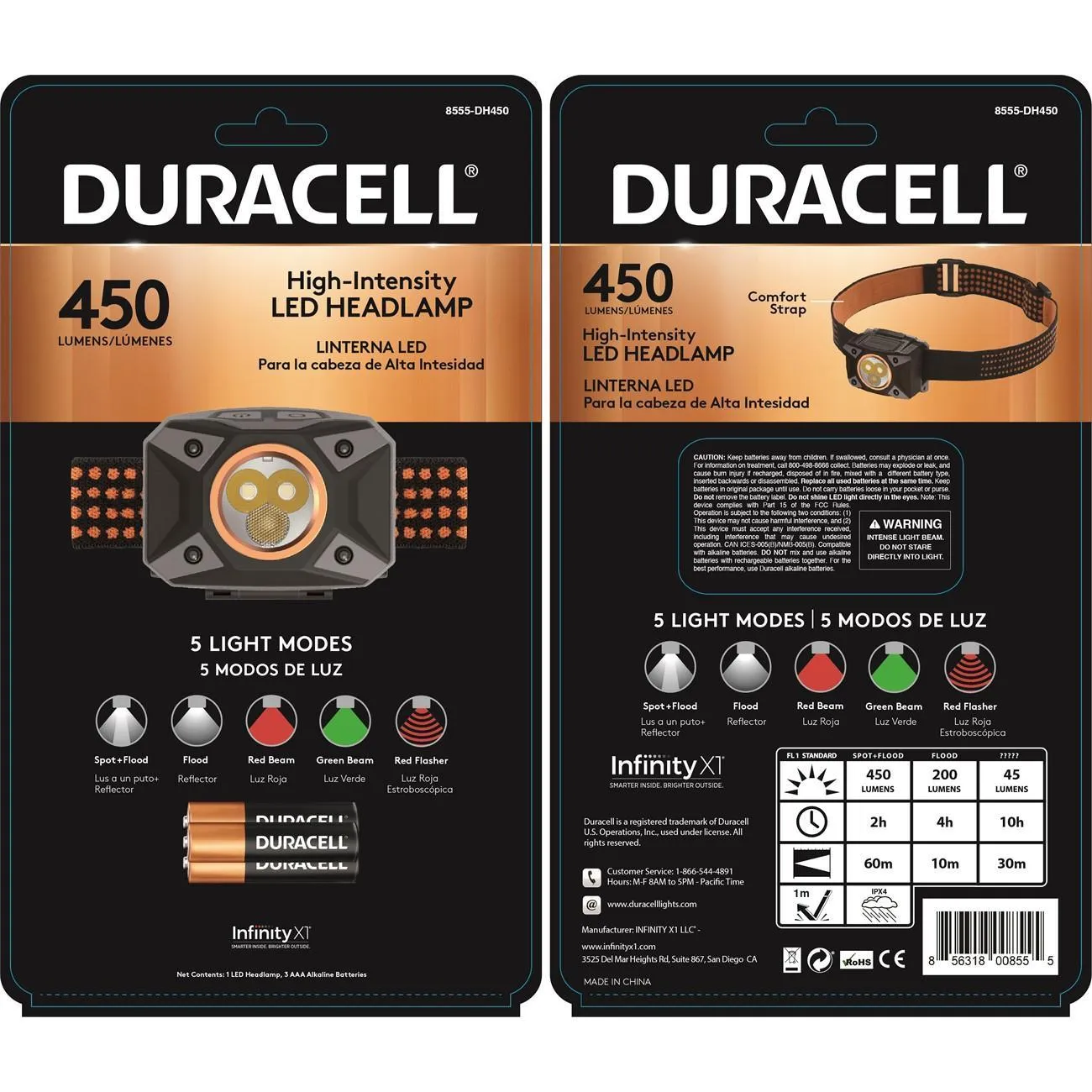 8555-DH450 Duracell Multi-Function LED Headlamp, 450 Lumens, 5 Modes, 3-AAA