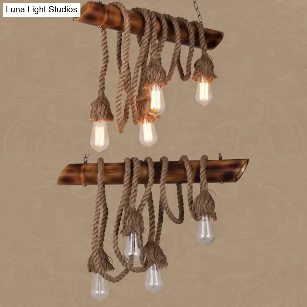 Adjustable Rope Island Light with Bulb in Beige - 3/4/6-Light Bamboo Pendant