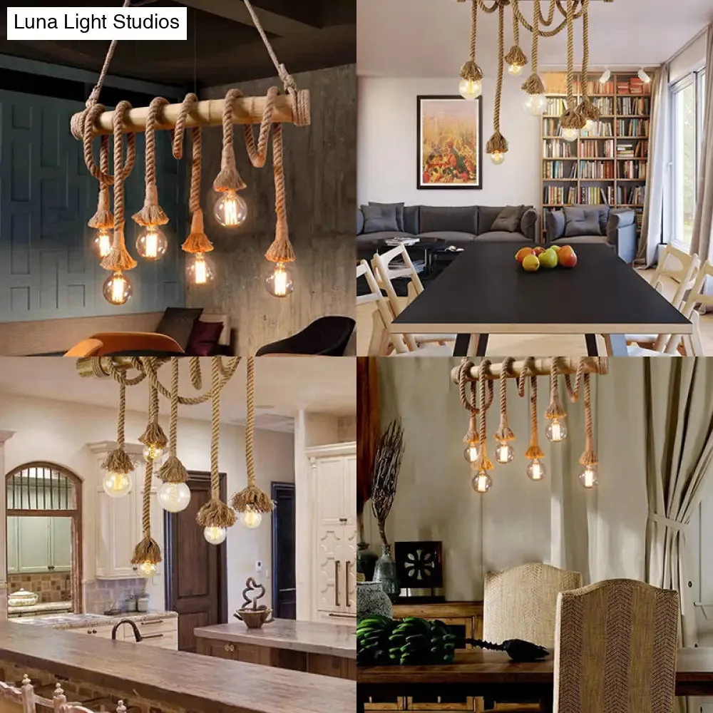 Adjustable Rope Island Light with Bulb in Beige - 3/4/6-Light Bamboo Pendant