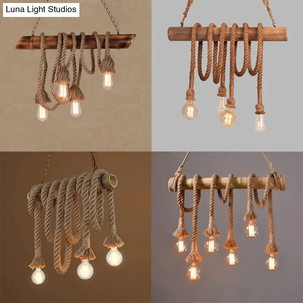 Adjustable Rope Island Light with Bulb in Beige - 3/4/6-Light Bamboo Pendant