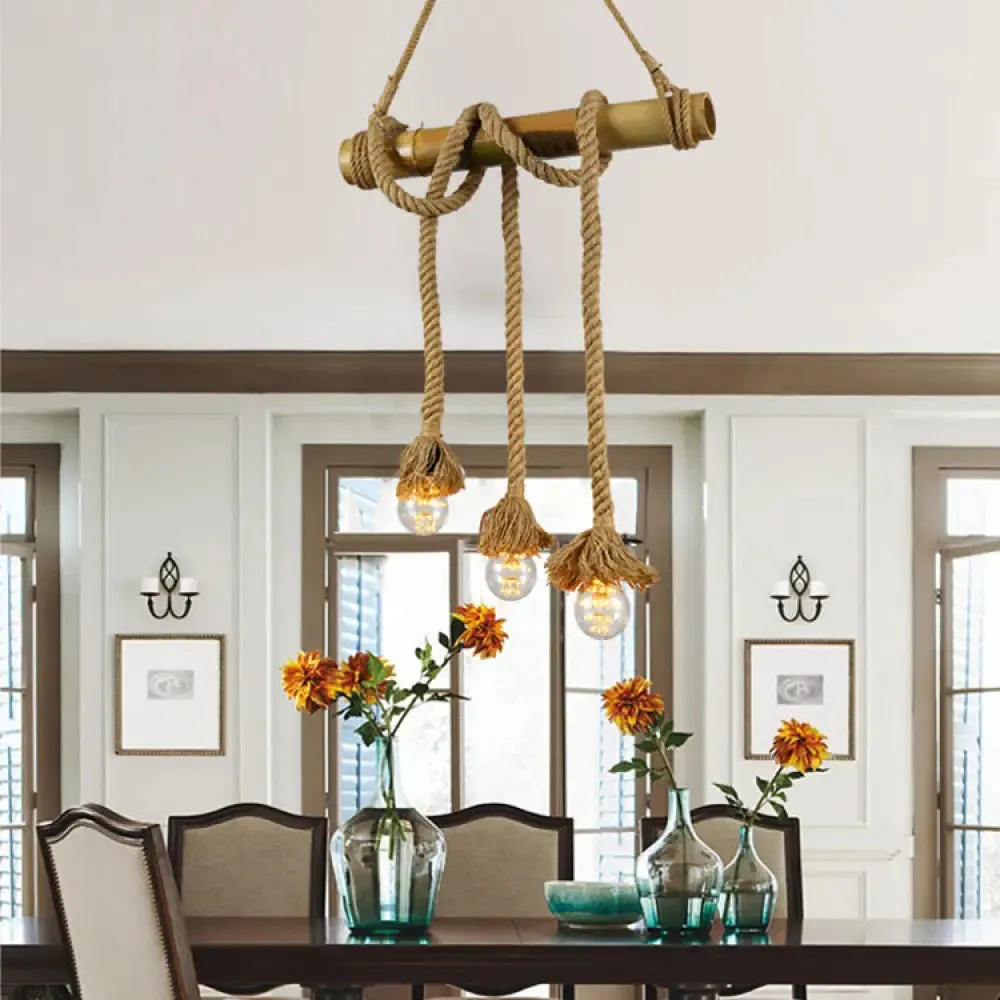 Adjustable Rope Island Light with Bulb in Beige - 3/4/6-Light Bamboo Pendant