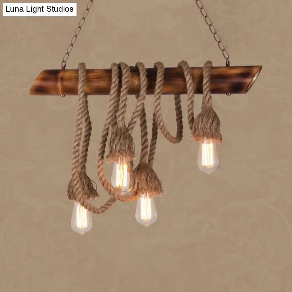 Adjustable Rope Island Light with Bulb in Beige - 3/4/6-Light Bamboo Pendant