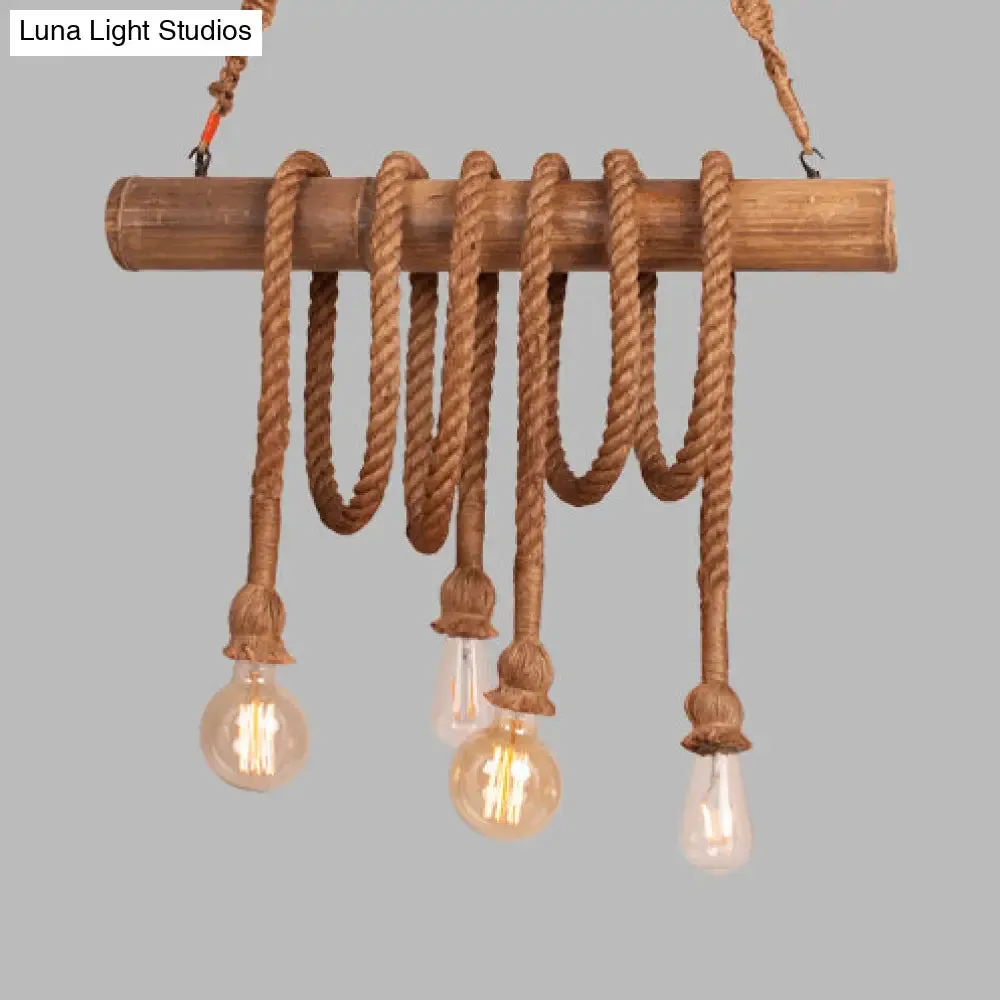 Adjustable Rope Island Light with Bulb in Beige - 3/4/6-Light Bamboo Pendant