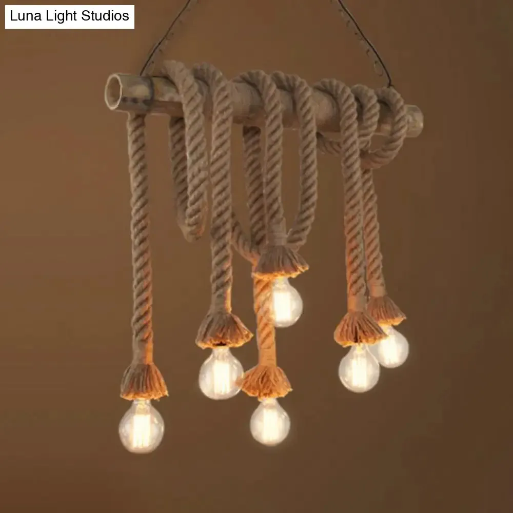 Adjustable Rope Island Light with Bulb in Beige - 3/4/6-Light Bamboo Pendant