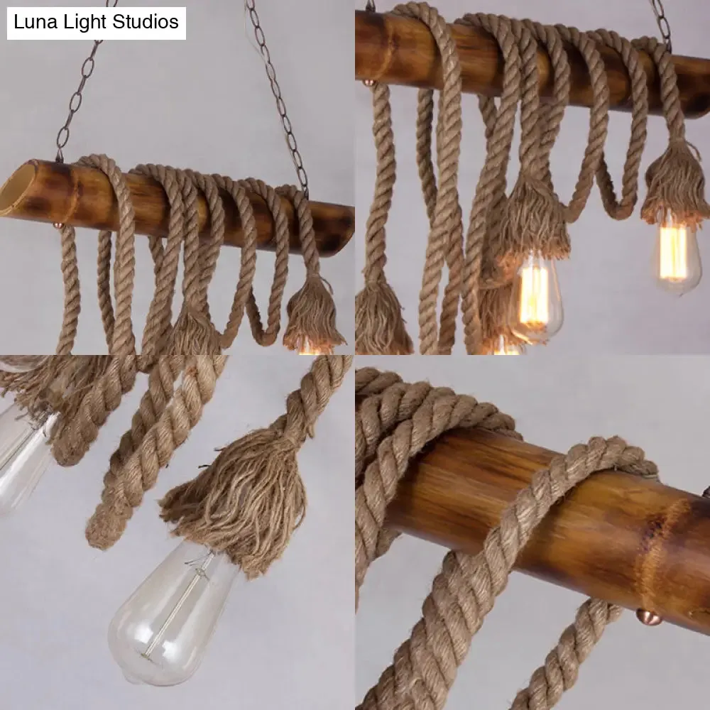 Adjustable Rope Island Light with Bulb in Beige - 3/4/6-Light Bamboo Pendant