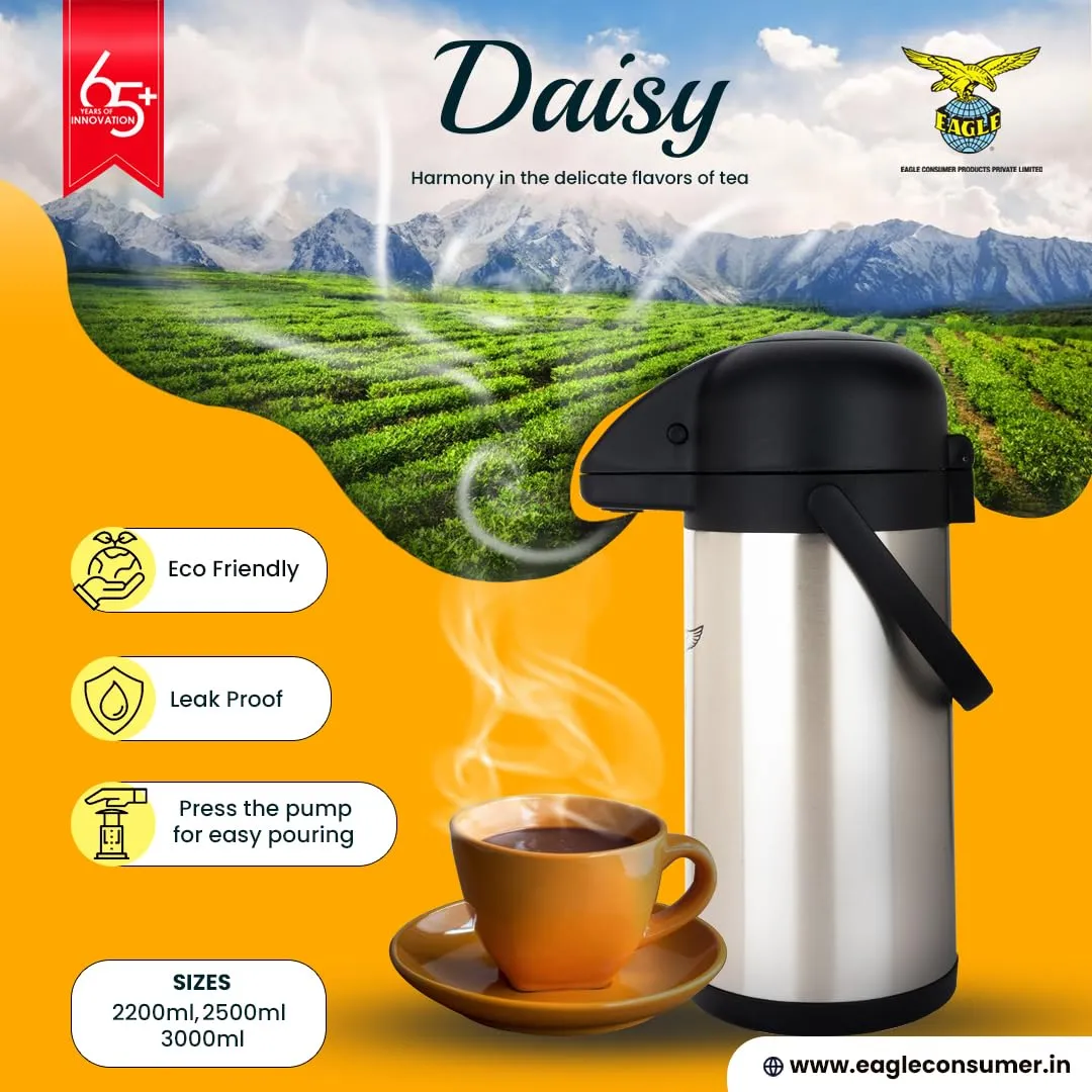 Airpot DaisyStainless Steel Tea Pot with Handle I 3 Liter I Ideal for Storage of Water/Tea/Coffee I Vacuum Insulated Water Dispenser for Home Kitchen I Easy to Carry & Maintain I Tea Flask/Container