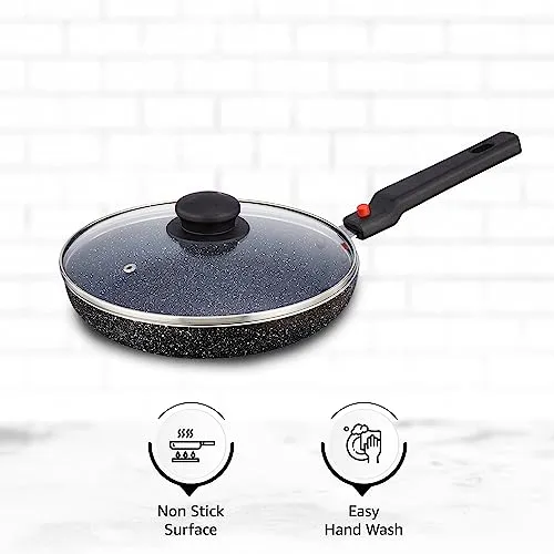 Amazon Brand - Solimo Non-Stick Fry Pan with Glass Lid with Detachable Handle | Granite Finish | Induction Base | PFOA Free | High Temperature Resistant Exterior Coating | 22 cm | Black