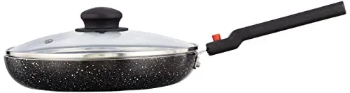 Amazon Brand - Solimo Non-Stick Fry Pan with Glass Lid with Detachable Handle | Granite Finish | Induction Base | PFOA Free | High Temperature Resistant Exterior Coating | 22 cm | Black