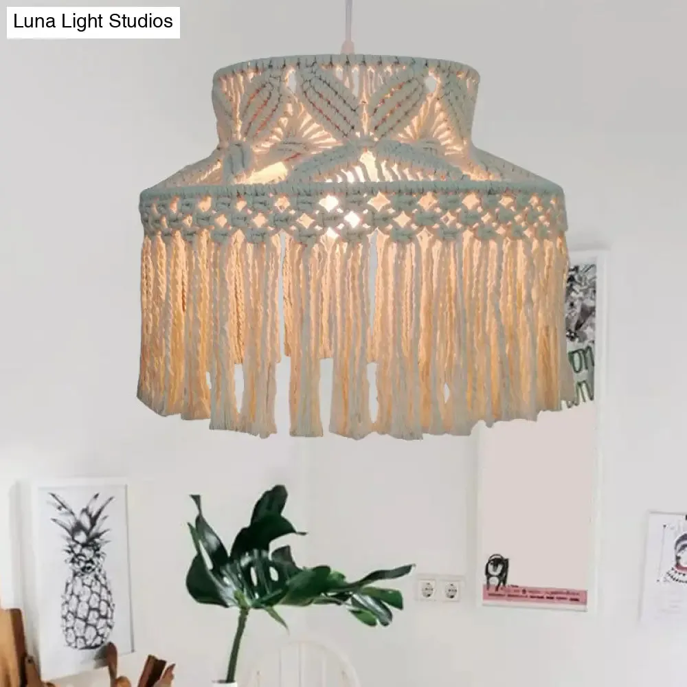 Barn Pendant Light - Traditional Beige Hemp Rope Suspension Fixture with Tassel Fringe