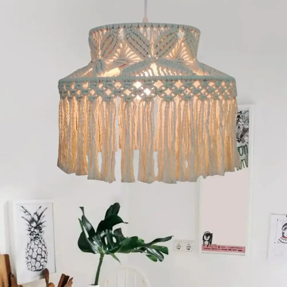 Barn Pendant Light - Traditional Beige Hemp Rope Suspension Fixture with Tassel Fringe