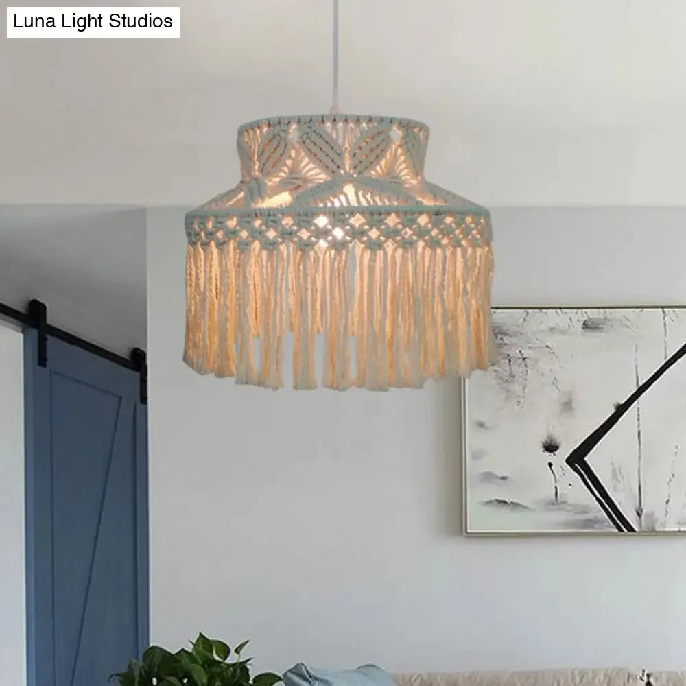 Barn Pendant Light - Traditional Beige Hemp Rope Suspension Fixture with Tassel Fringe