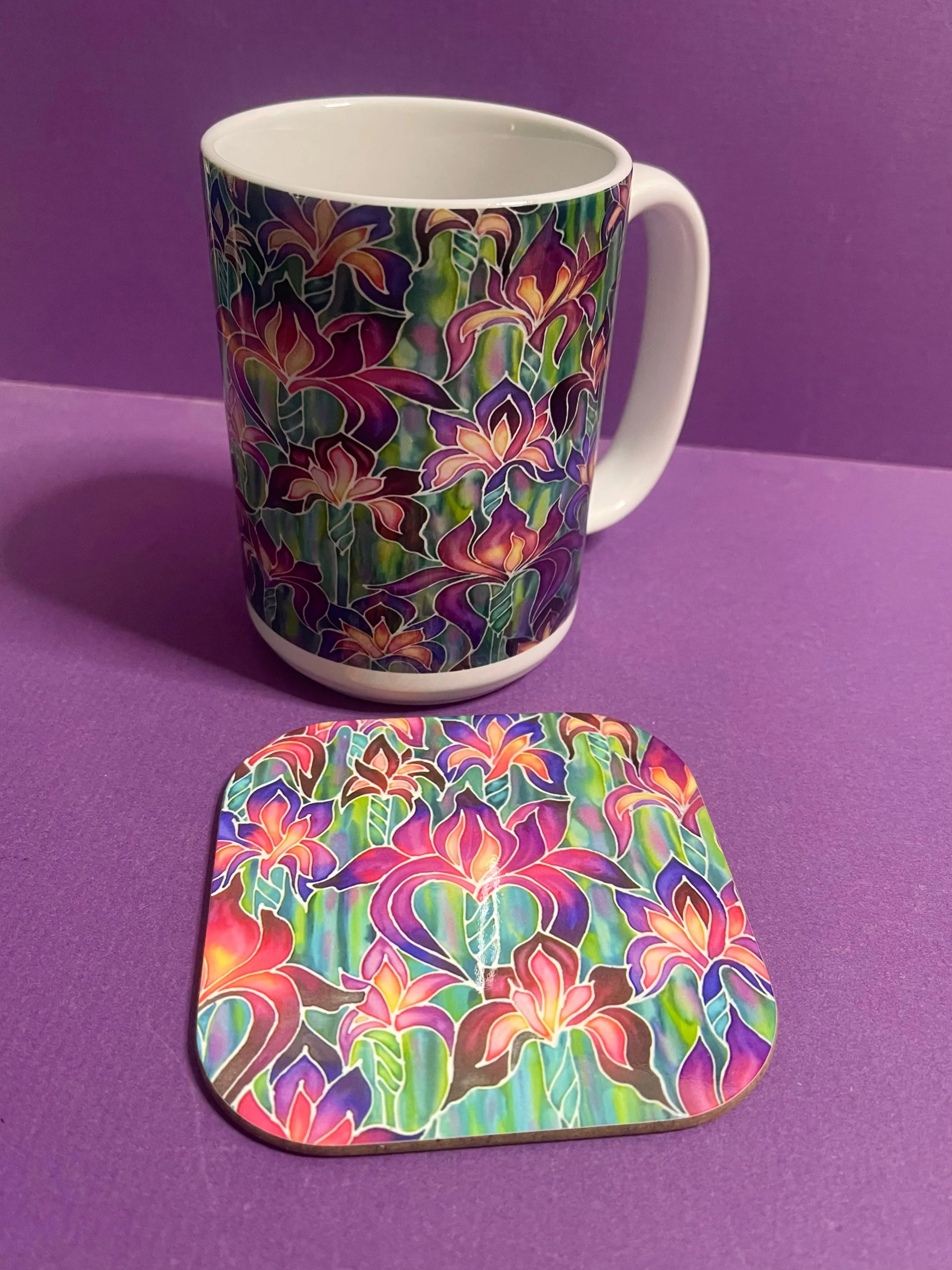 Beautiful Purple Irises Mug and Coaster - XL & Regular Sizes Flower Lovers Mug Gift Box Set -