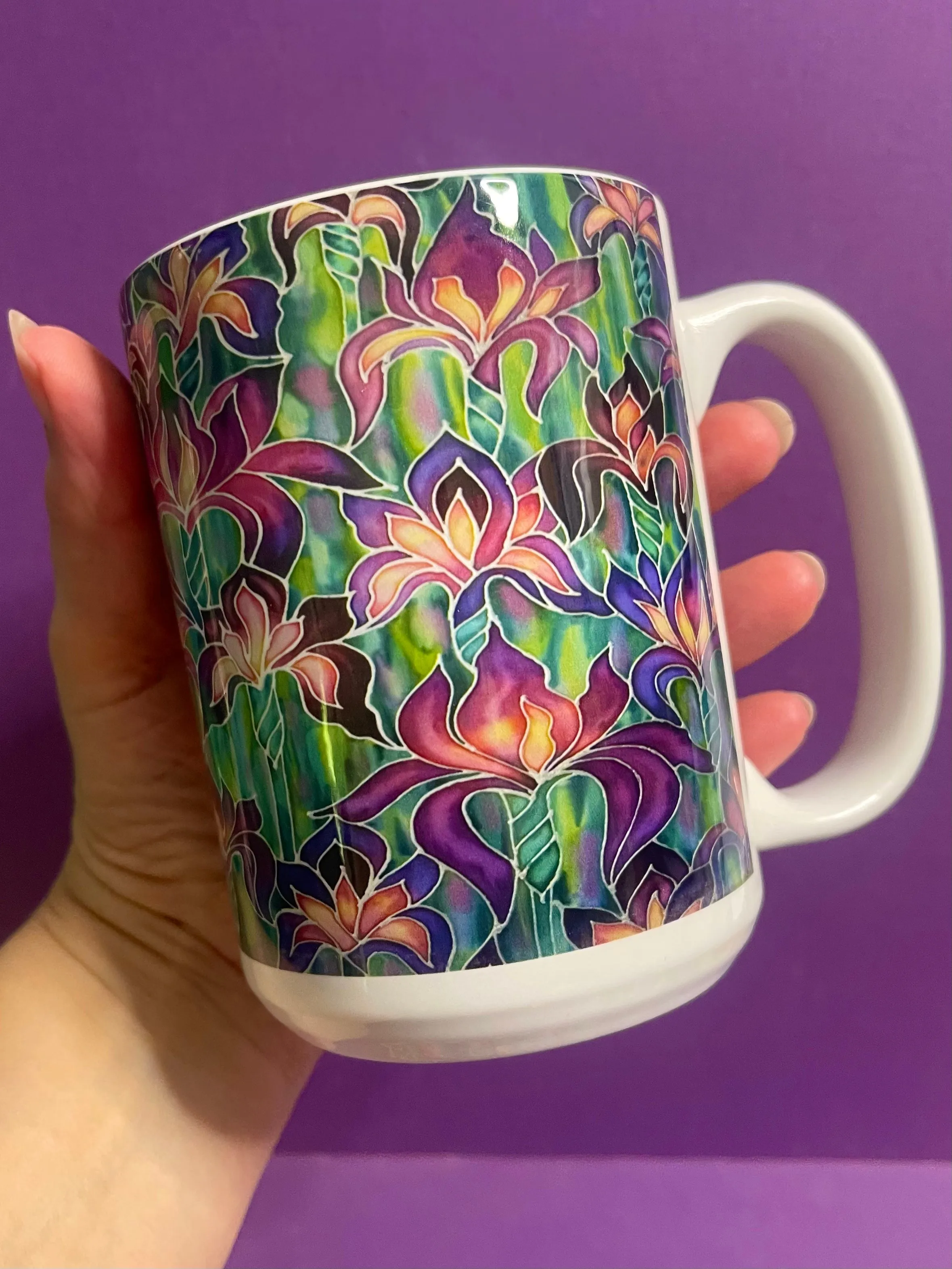 Beautiful Purple Irises Mug and Coaster - XL & Regular Sizes Flower Lovers Mug Gift Box Set -