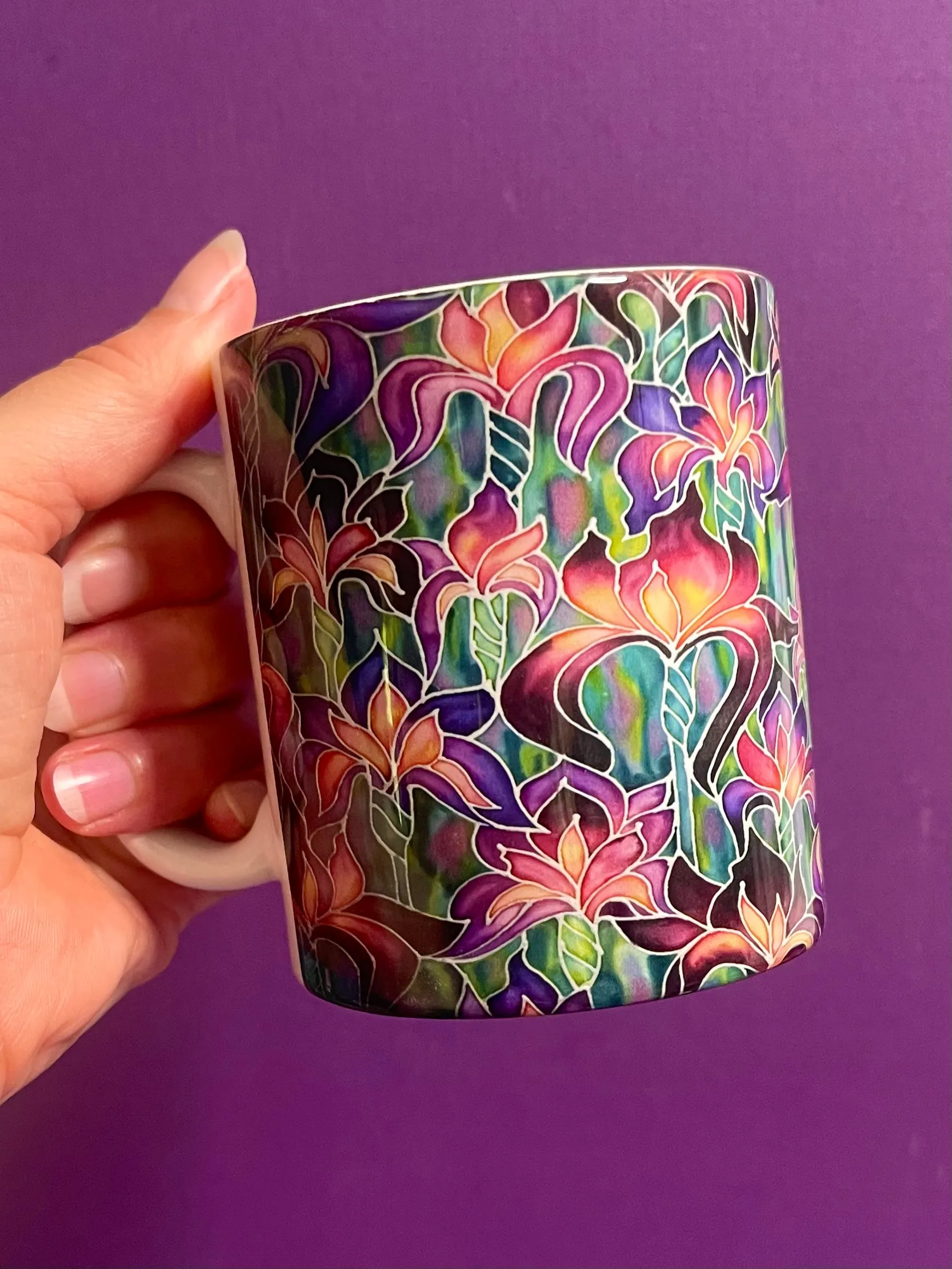 Beautiful Purple Irises Mug and Coaster - XL & Regular Sizes Flower Lovers Mug Gift Box Set -