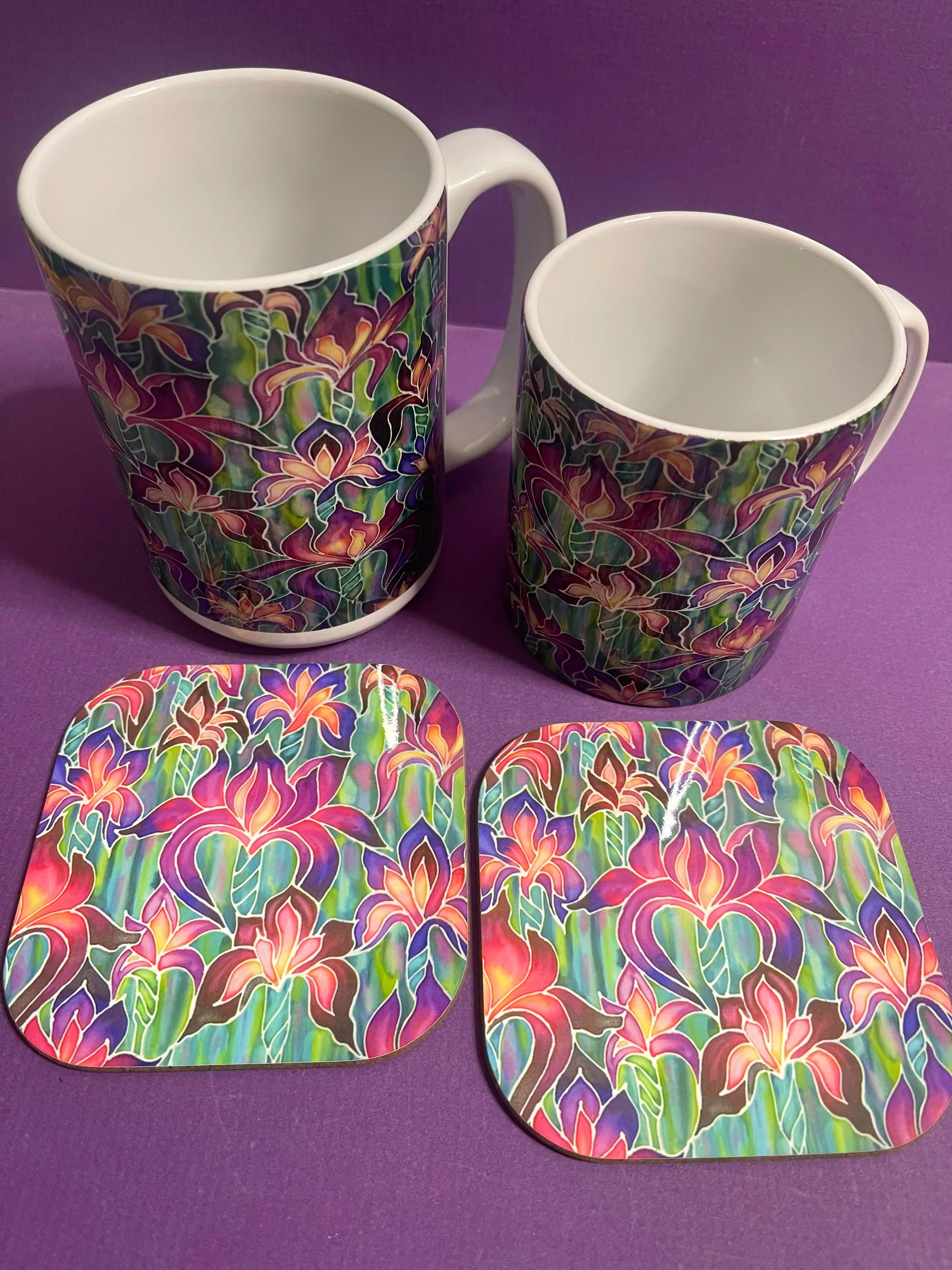 Beautiful Purple Irises Mug and Coaster - XL & Regular Sizes Flower Lovers Mug Gift Box Set -