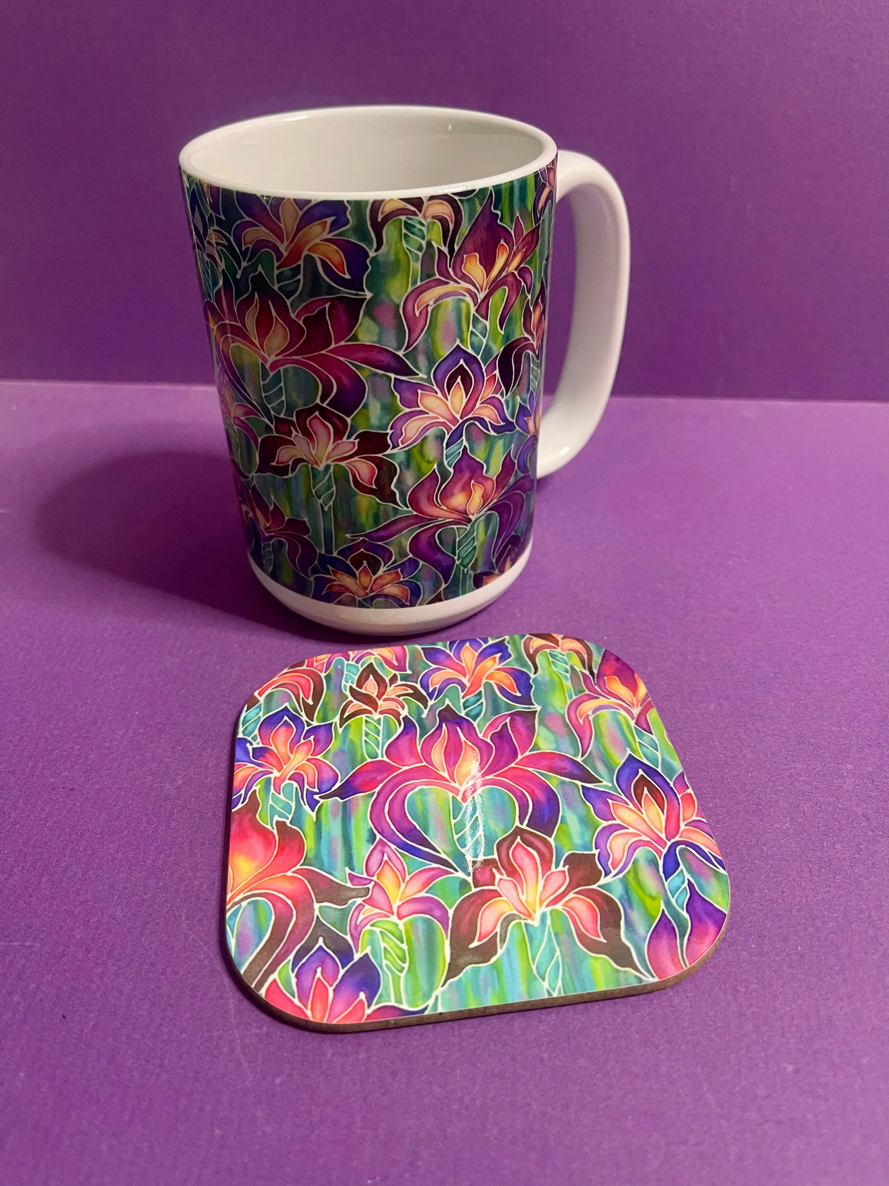 Beautiful Purple Irises Mug and Coaster - XL & Regular Sizes Flower Lovers Mug Gift Box Set -