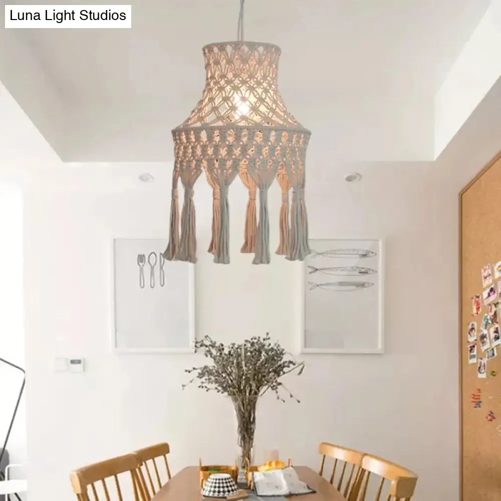 Beige Flared Suspension Light with Natural Rope Design - 1 Head Pendant for Dining Room Lighting