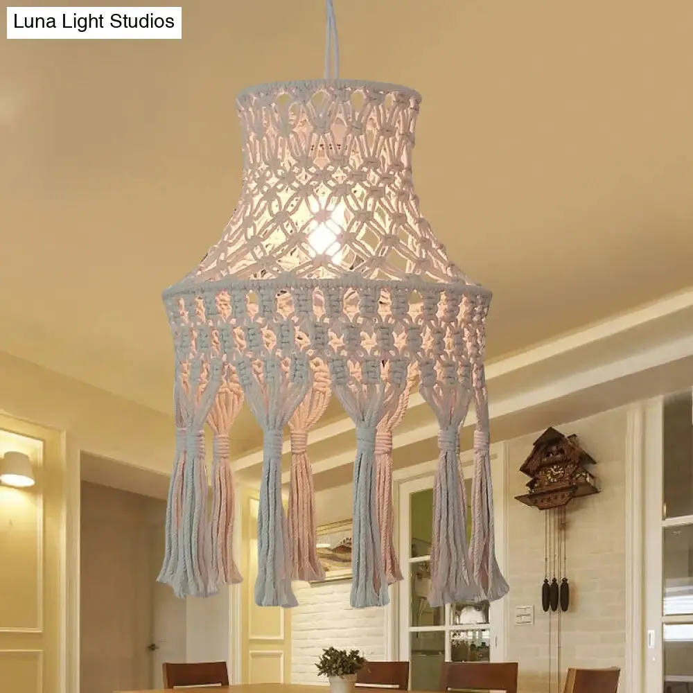 Beige Flared Suspension Light with Natural Rope Design - 1 Head Pendant for Dining Room Lighting