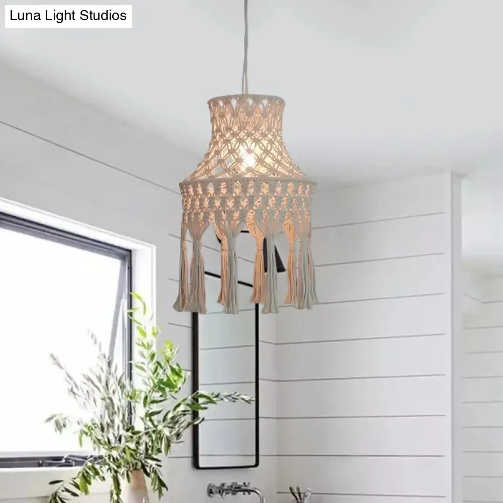 Beige Flared Suspension Light with Natural Rope Design - 1 Head Pendant for Dining Room Lighting