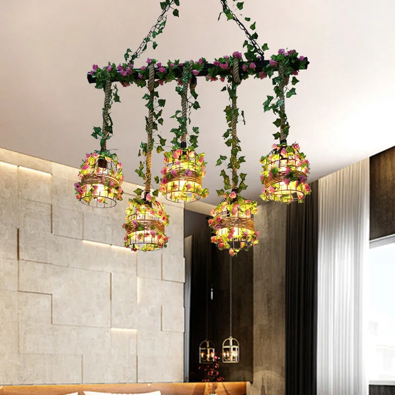 Black Birdcage Metallic Linear Pendant with Rose Vine: 5 Bulbs Rope Island Light Fixture