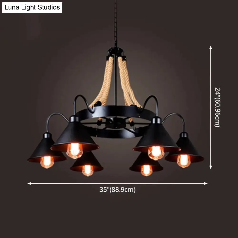 Black Industrial Art Chandelier Light with Rope and Cone Metal Shade