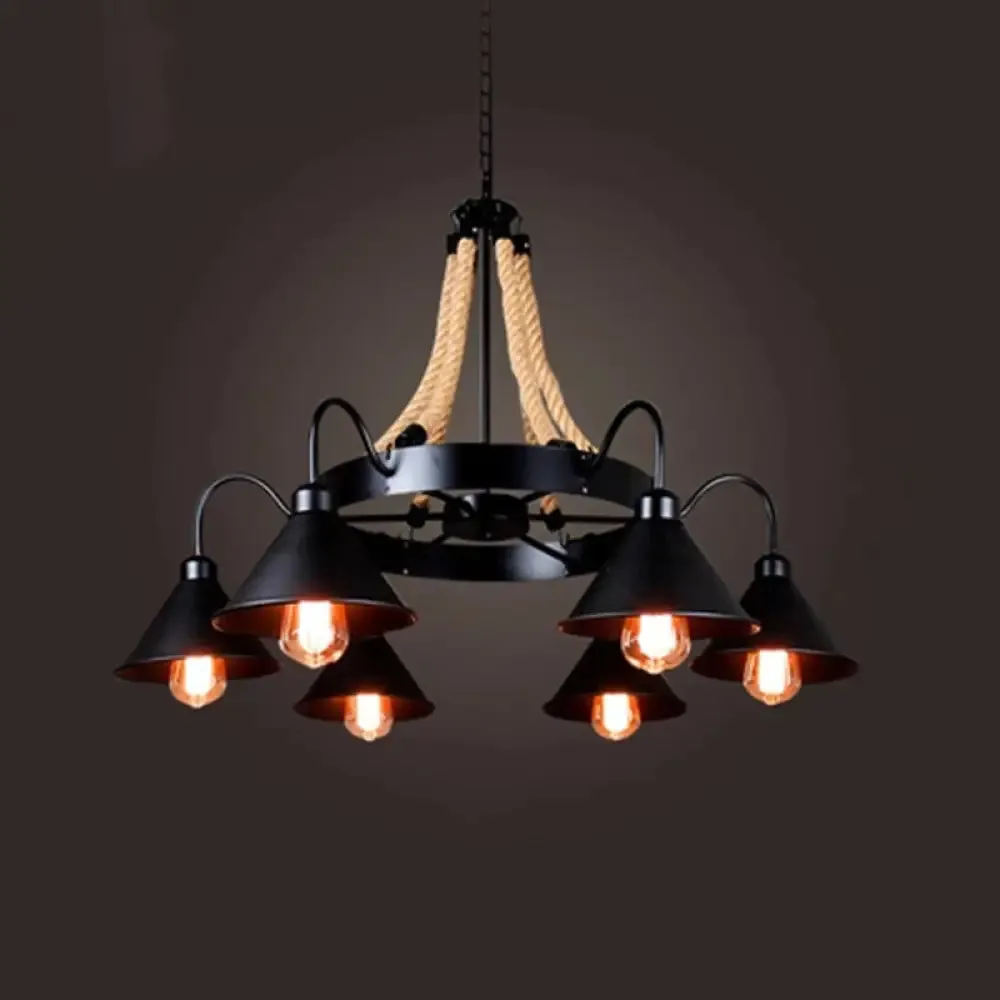 Black Industrial Art Chandelier Light with Rope and Cone Metal Shade