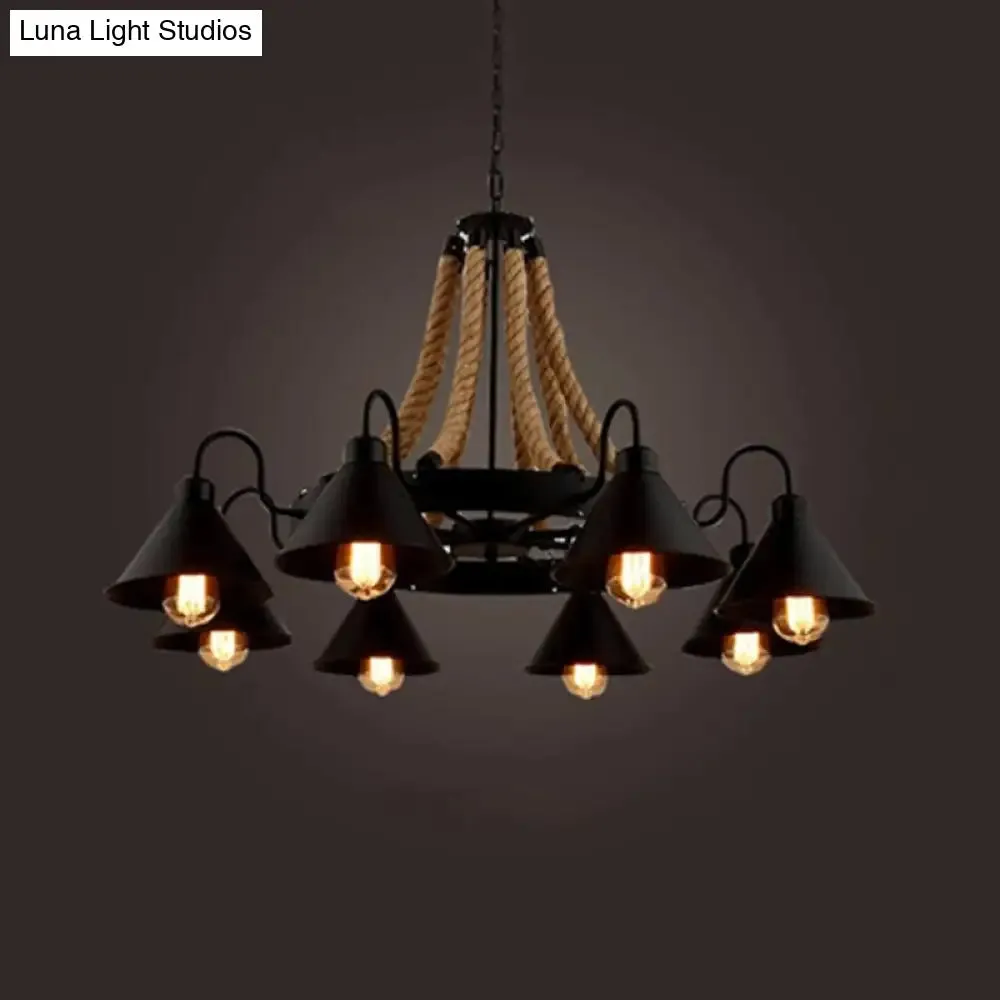 Black Industrial Art Chandelier Light with Rope and Cone Metal Shade