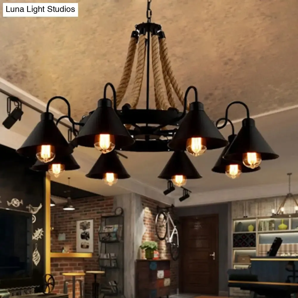 Black Industrial Art Chandelier Light with Rope and Cone Metal Shade