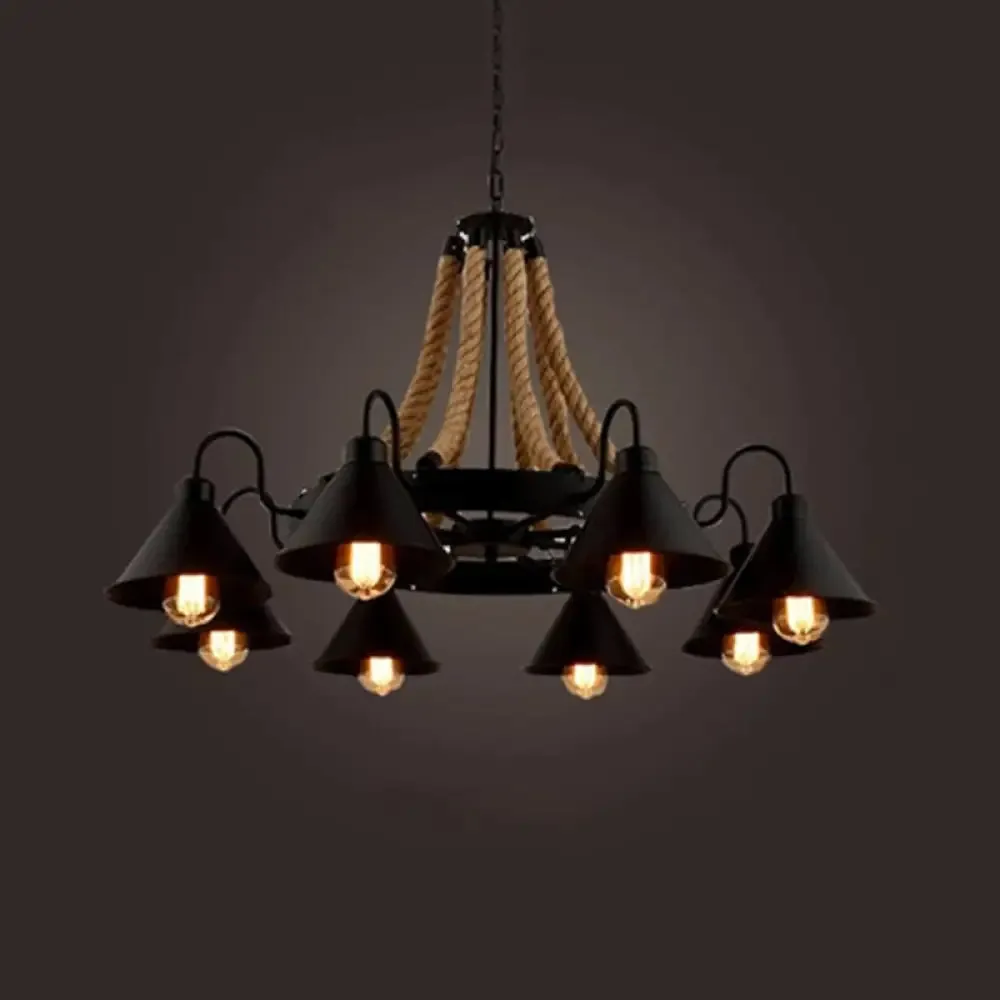 Black Industrial Art Chandelier Light with Rope and Cone Metal Shade