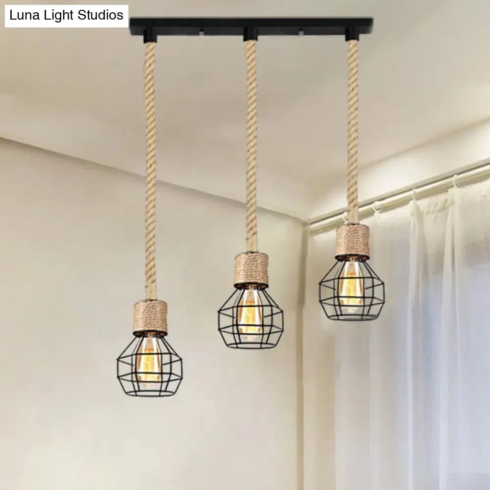 Black Metal Globe Cage Ceiling Light with Adjustable Rope - Lodge Indoor Hanging Lamp (3/5 Heads)