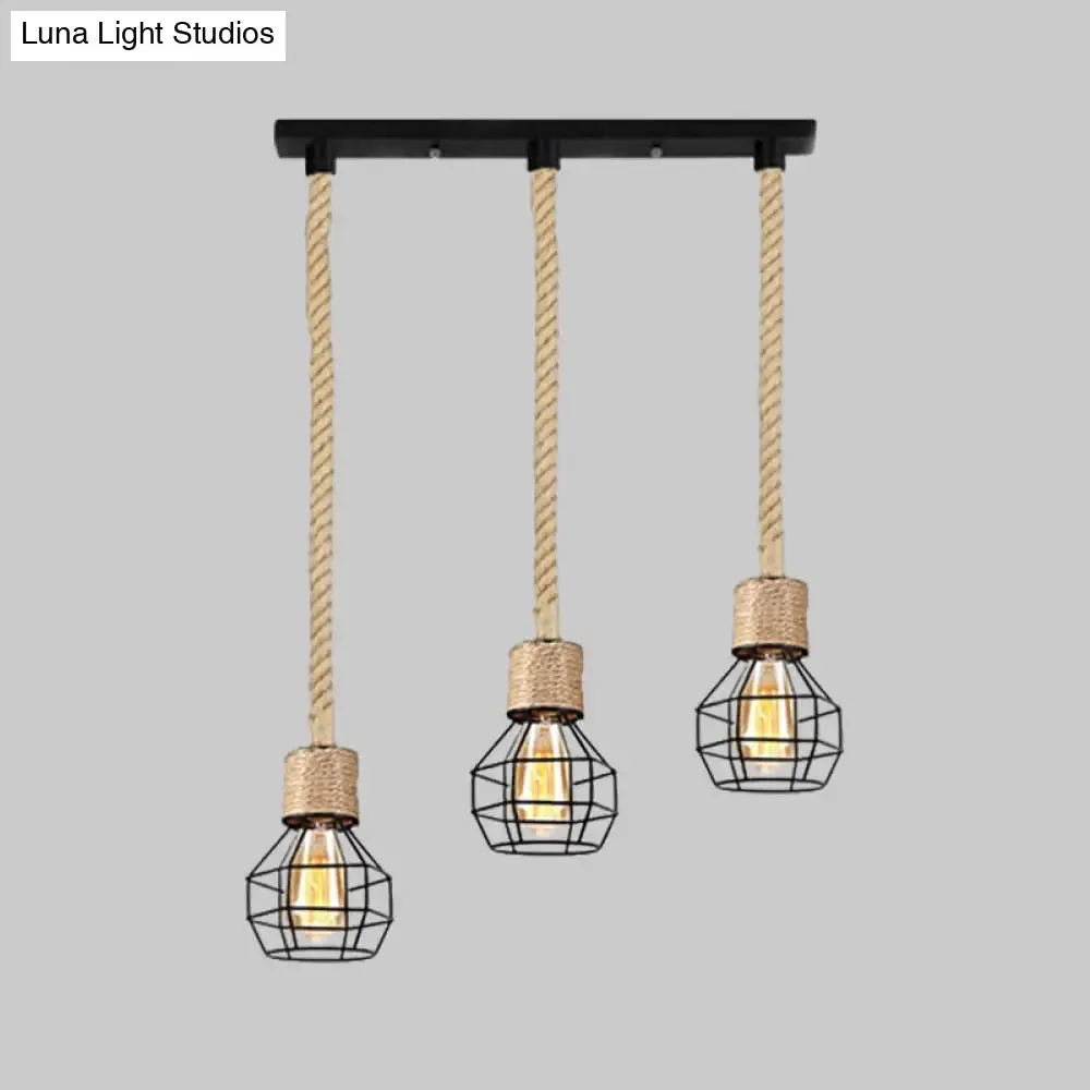 Black Metal Globe Cage Ceiling Light with Adjustable Rope - Lodge Indoor Hanging Lamp (3/5 Heads)