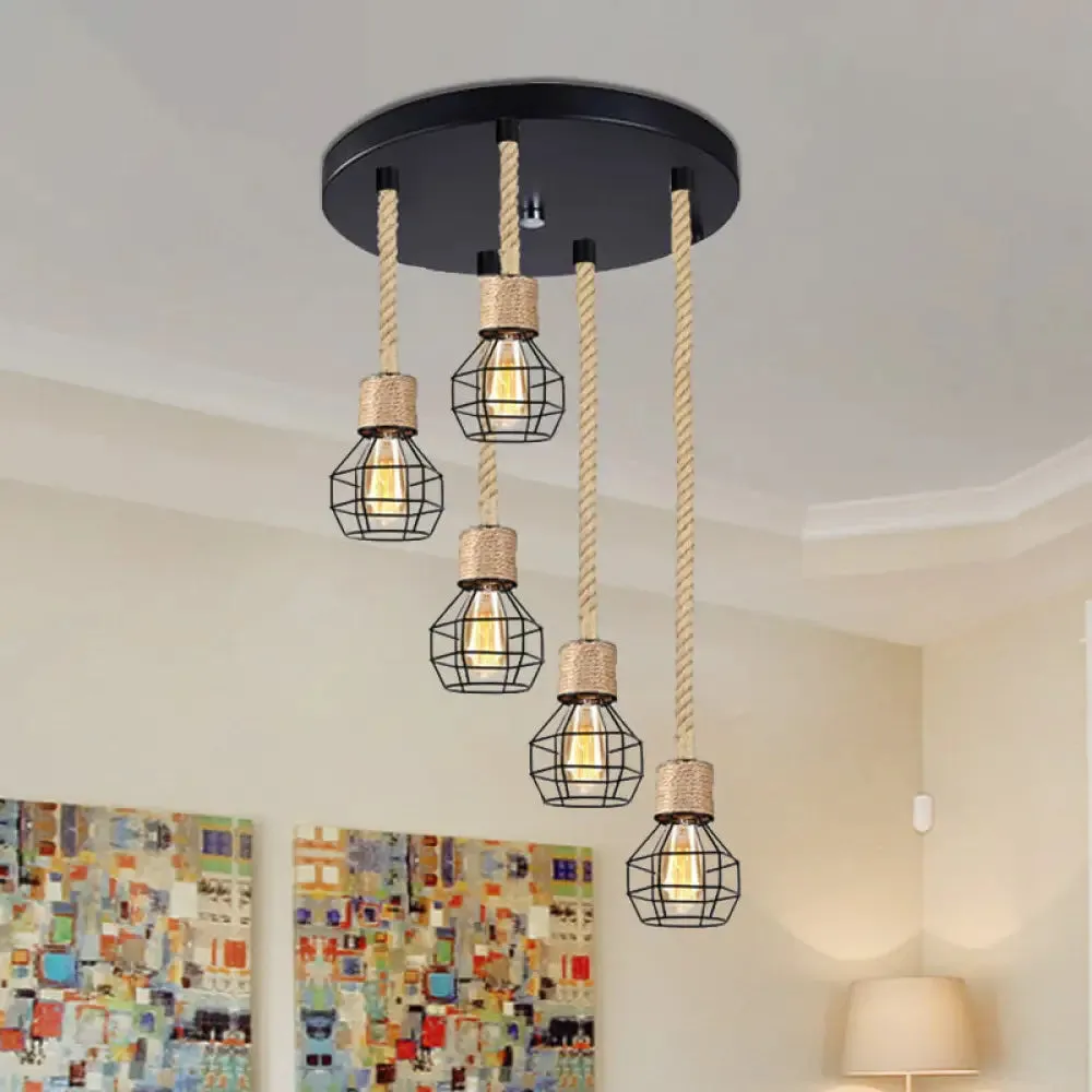 Black Metal Globe Cage Ceiling Light with Adjustable Rope - Lodge Indoor Hanging Lamp (3/5 Heads)