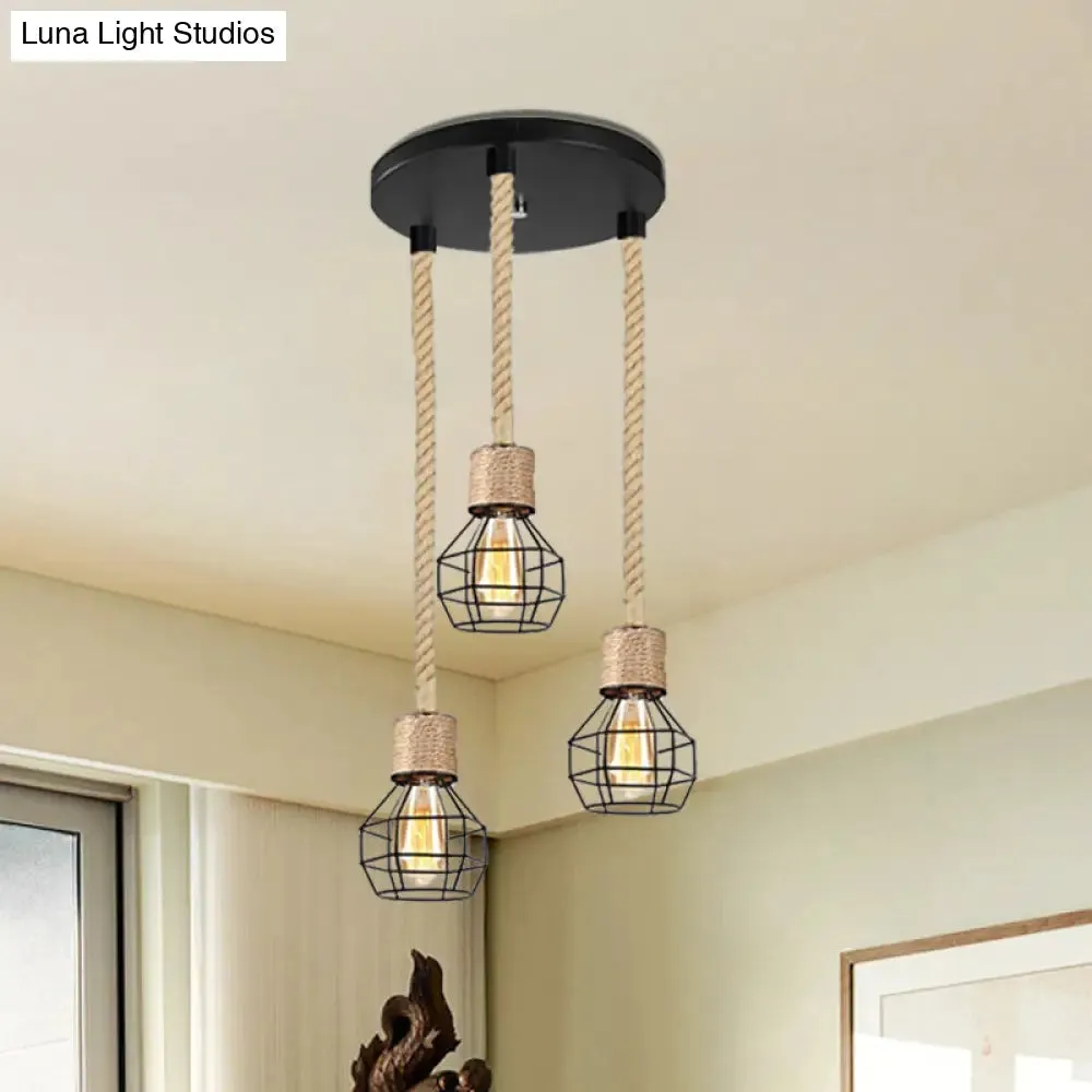 Black Metal Globe Cage Ceiling Light with Adjustable Rope - Lodge Indoor Hanging Lamp (3/5 Heads)