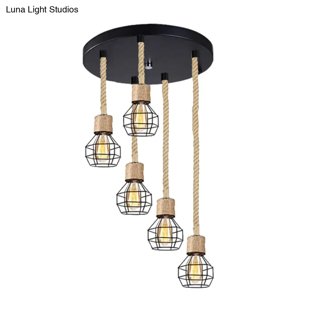 Black Metal Globe Cage Ceiling Light with Adjustable Rope - Lodge Indoor Hanging Lamp (3/5 Heads)