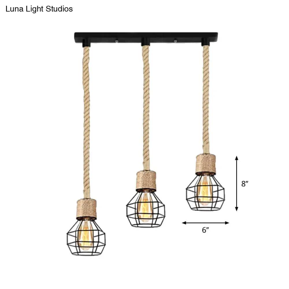 Black Metal Globe Cage Ceiling Light with Adjustable Rope - Lodge Indoor Hanging Lamp (3/5 Heads)