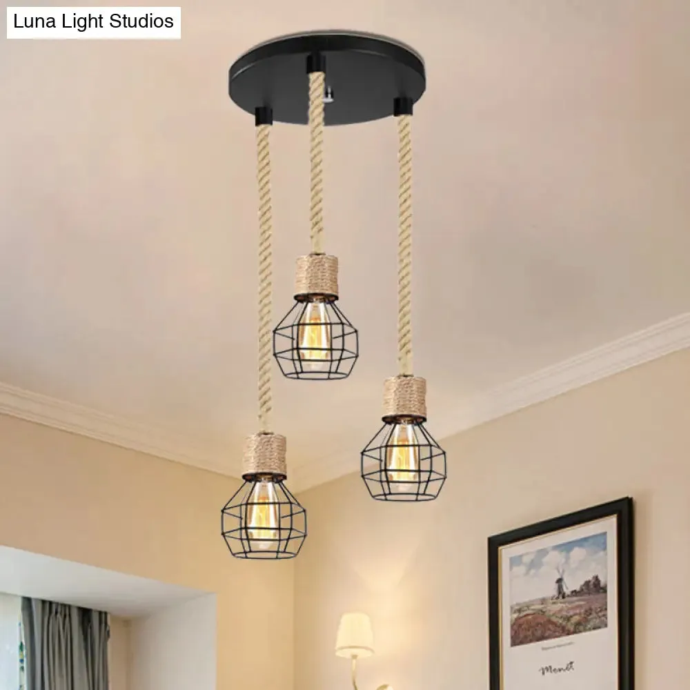 Black Metal Globe Cage Ceiling Light with Adjustable Rope - Lodge Indoor Hanging Lamp (3/5 Heads)