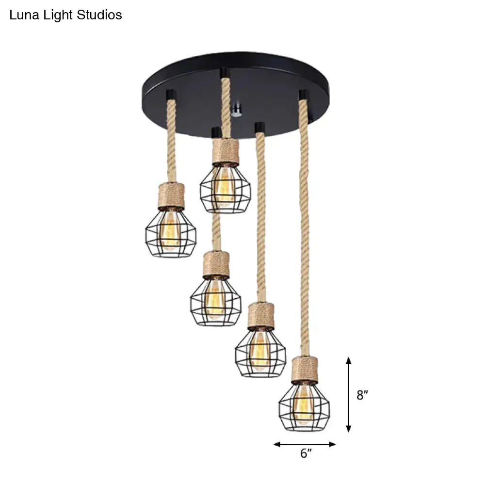 Black Metal Globe Cage Ceiling Light with Adjustable Rope - Lodge Indoor Hanging Lamp (3/5 Heads)