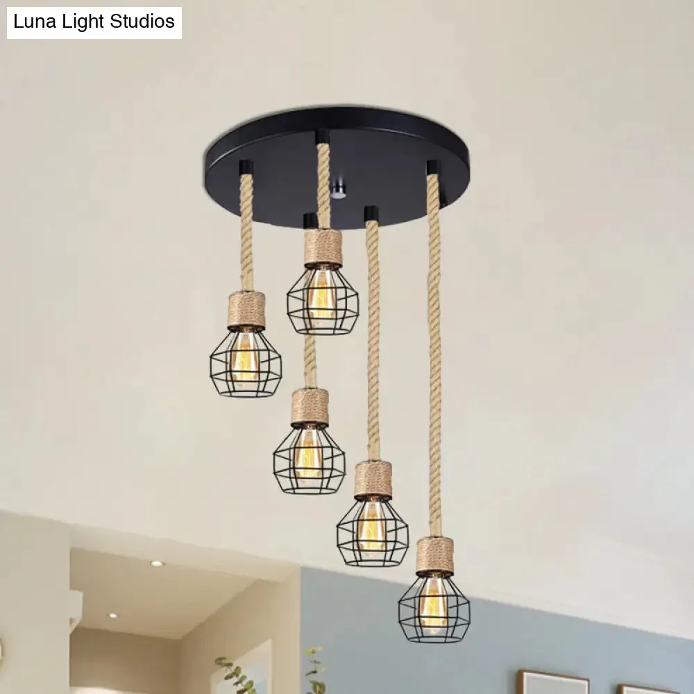 Black Metal Globe Cage Ceiling Light with Adjustable Rope - Lodge Indoor Hanging Lamp (3/5 Heads)