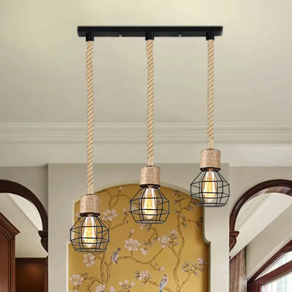 Black Metal Globe Cage Ceiling Light with Adjustable Rope - Lodge Indoor Hanging Lamp (3/5 Heads)